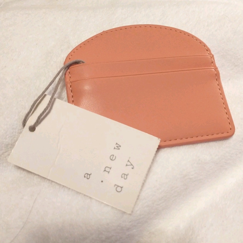 A New Day Coral Pink Faux Leather D-Shaped Slim Card Holder Mini Wallet NWT